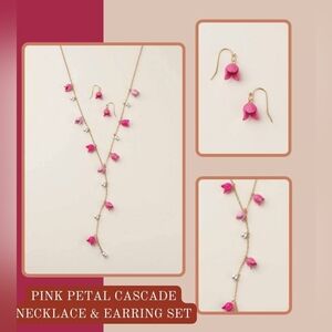 Pink Petal Cascade Necklace & Earring Set Flowers With Gold Tones New